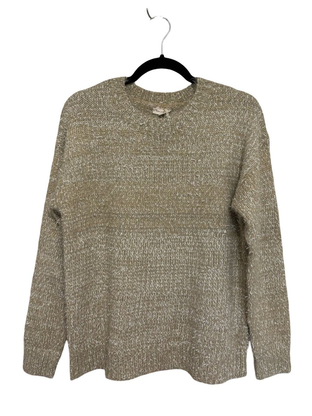 NEW Hem & Thread Metallic Fringe Knit Crewneck Sweater Tan - Size M